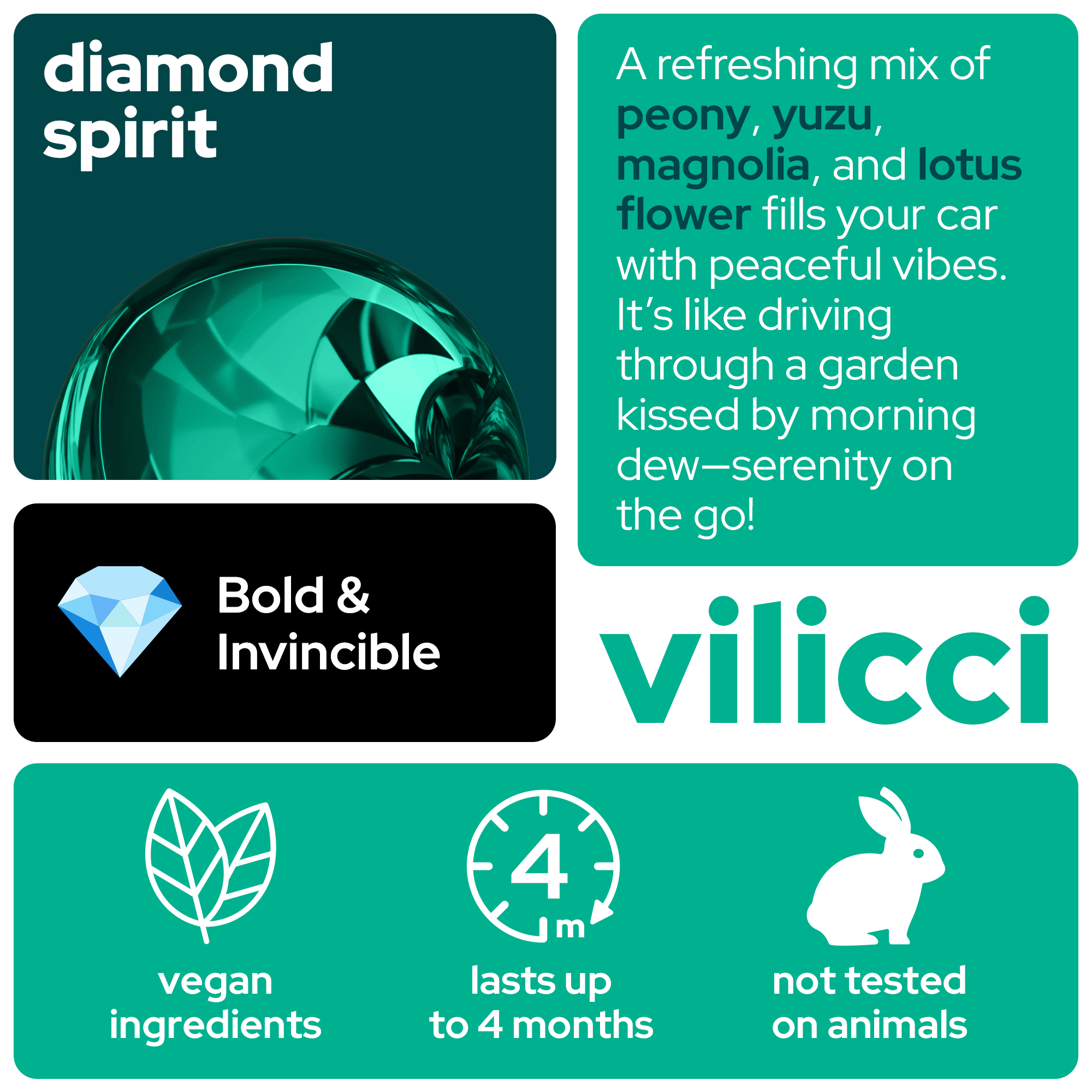 Vilicci Diamond Spirit car diffuser scent card with floral notes of peony, yuzu, magnolia, and lotus flower, described as Bold & Invincible